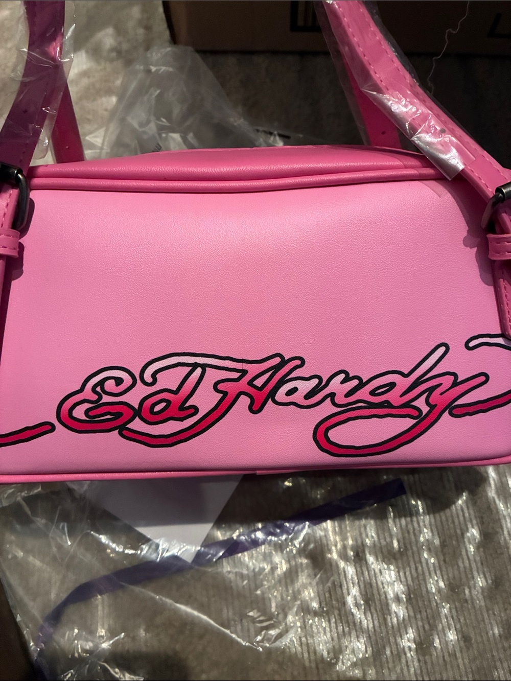 Ed Hardy Pink Floral Skull Shoulder Bag with Purple Accent - Picture 7 of 8